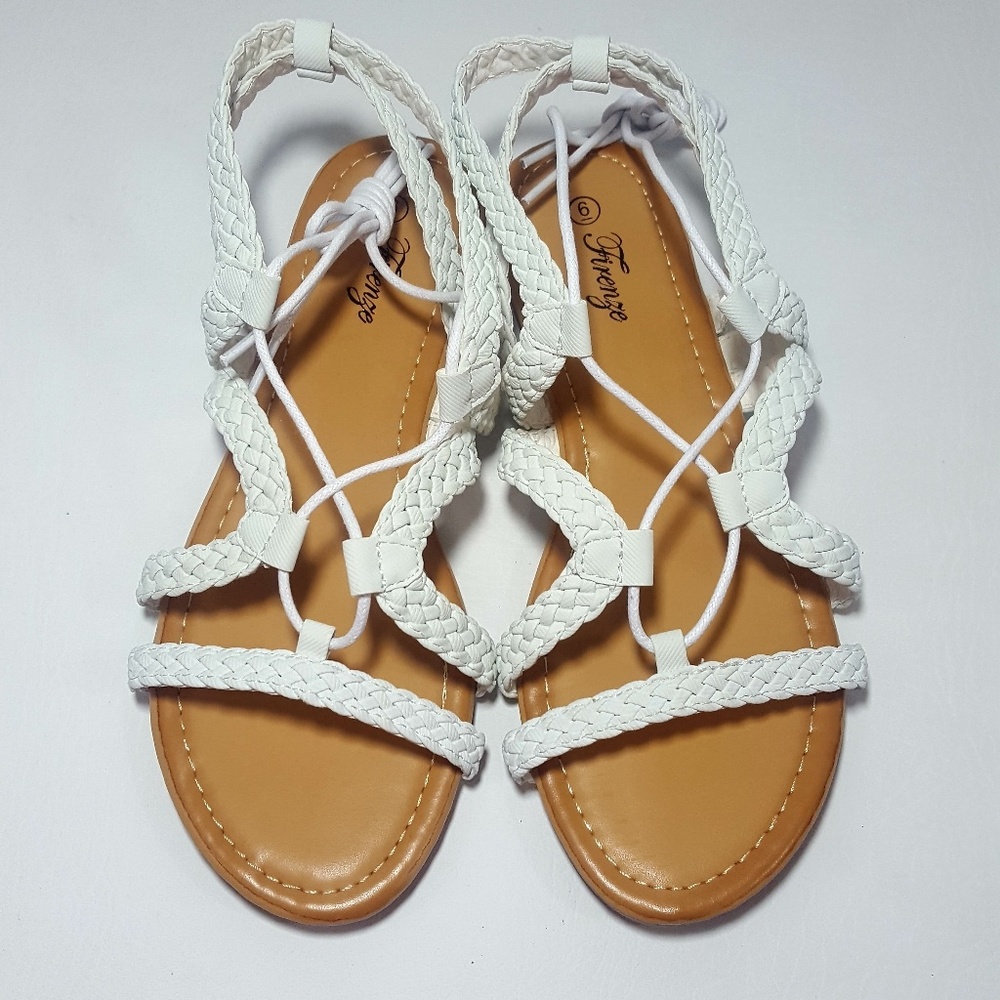 NEW Firenze White Braided Lace-Up Flat Sandals 6